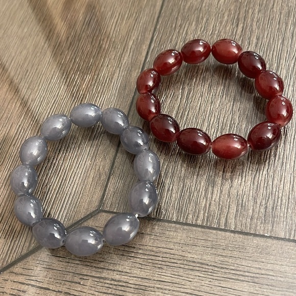 Two Stretch Oval Glass Bead Bracelets Grey & Brown - Picture 6 of 12